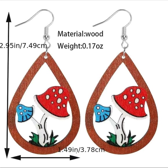 Wooden Teardrop Shaped Mushroom Designed Earrings - Picture 2 of 2